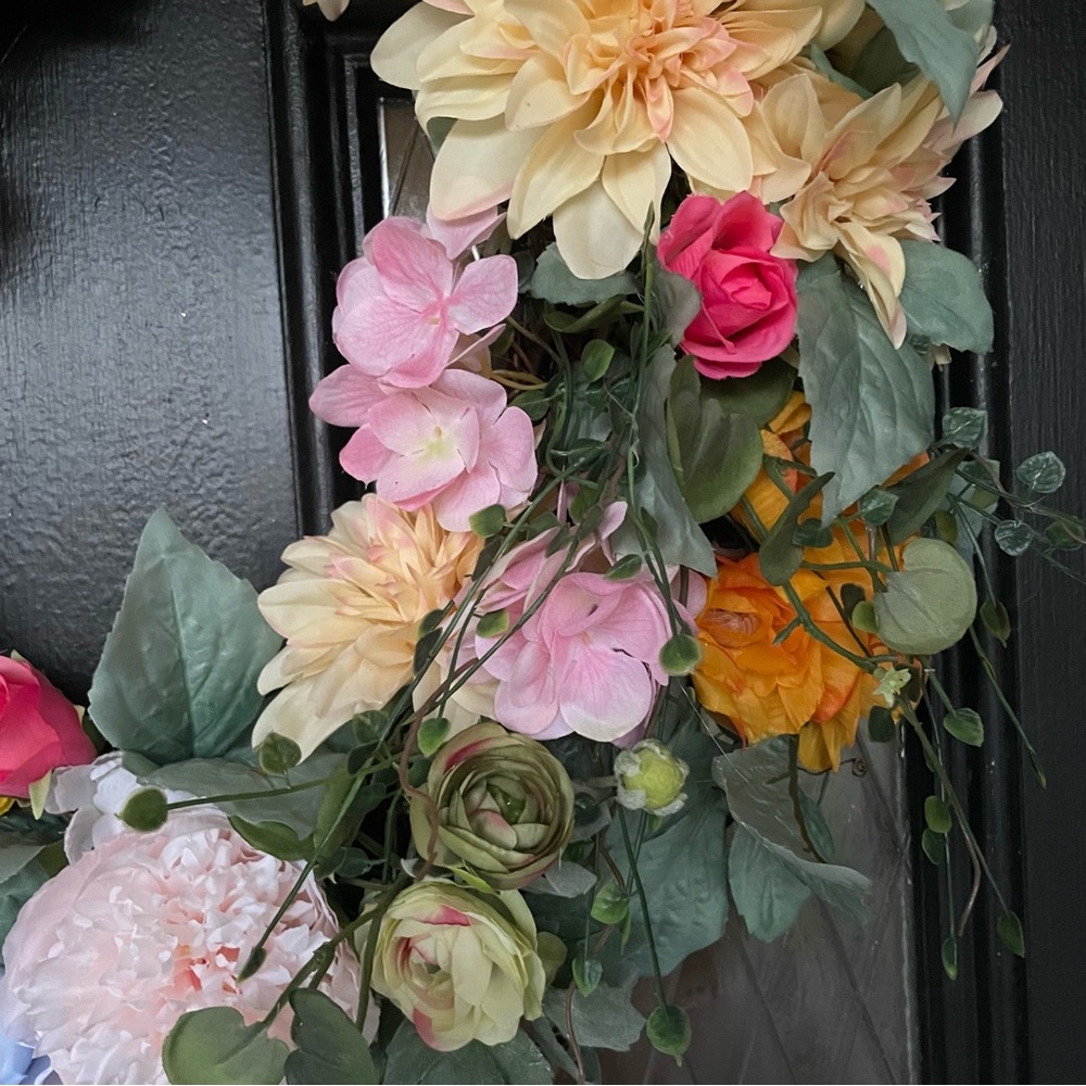 Spring Floral Roses Peony Hydrangeas Mums Door Handcrafted Grapevine Wreath - Picture 5 of 7